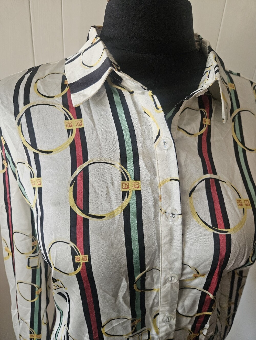 Fashion Nova White Button-Down Shirt with Multi-Stripe & Gold Ring Print